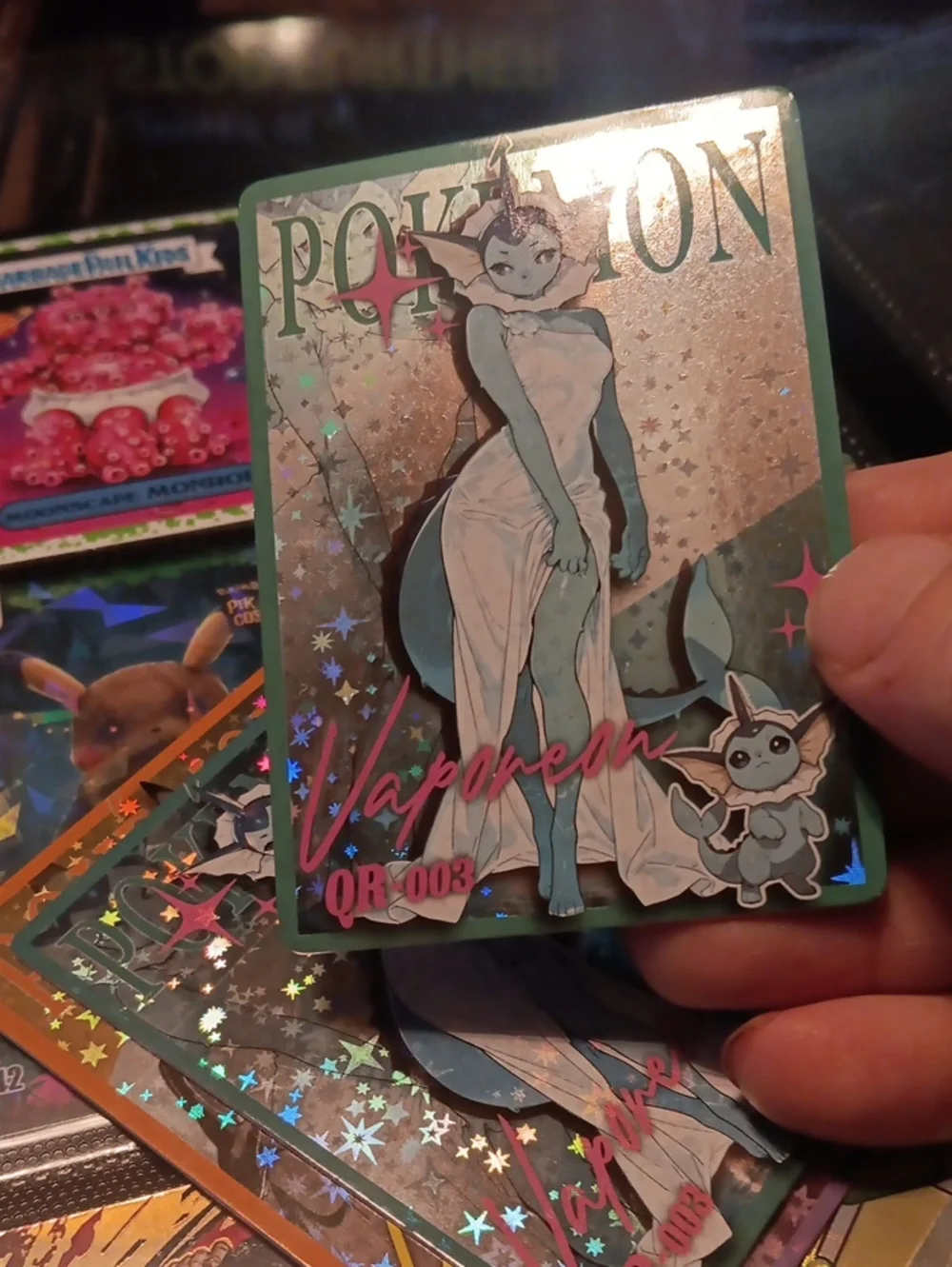 Pokemon Vaporeon Holographic Card – Teal, Pink, Silver